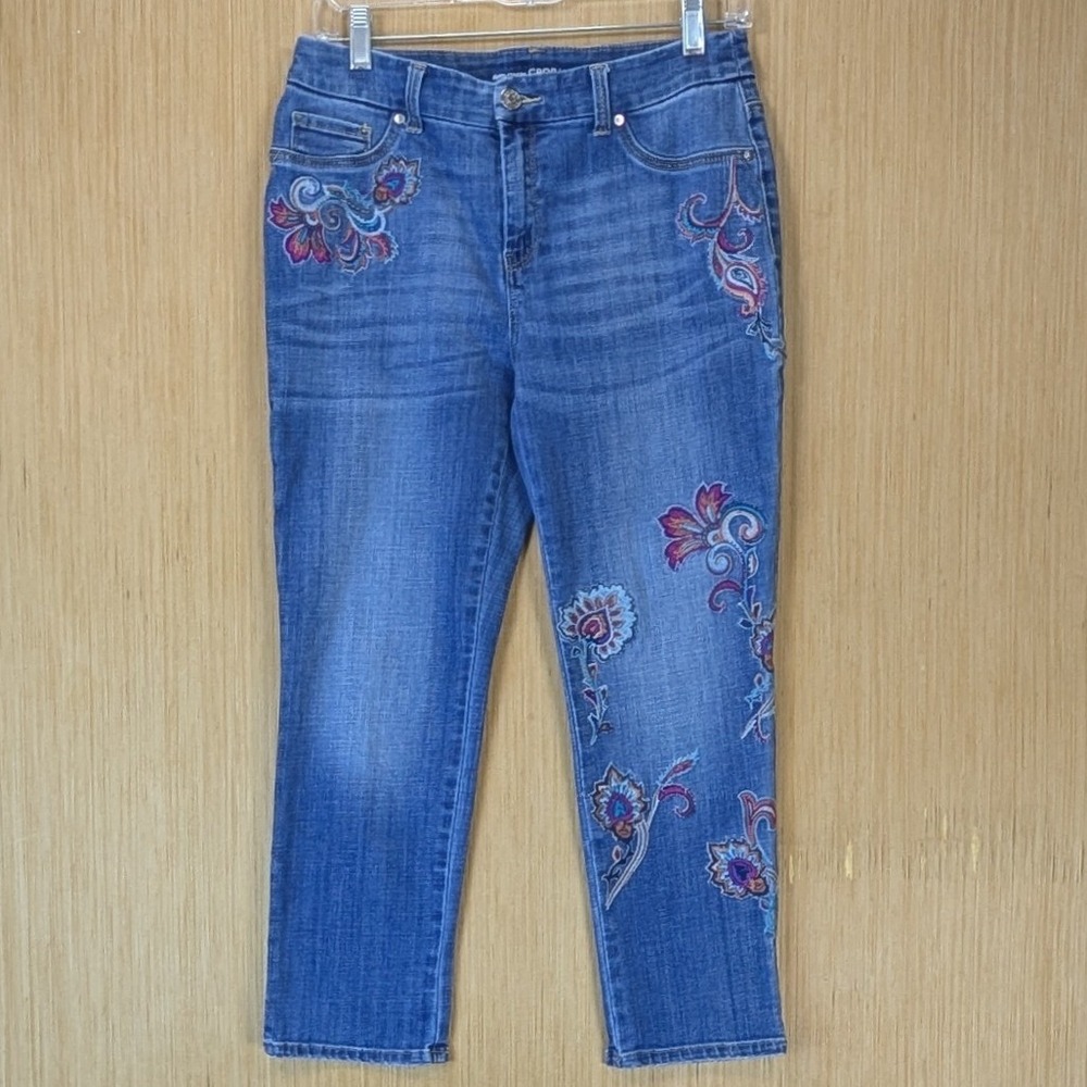 Chico's Platinum Crop Jeans Blue Embroidered Paisley Floral 6 Petite Slim Leg